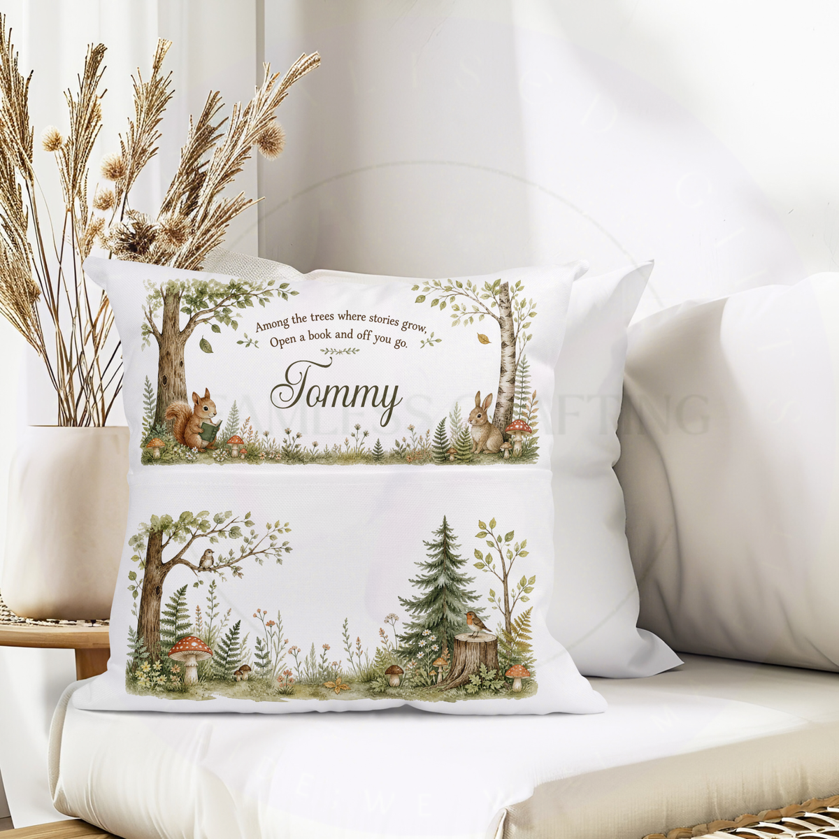 Personalised woodland reading cushion with book pocket, squirrel, rabbit and custom child's name