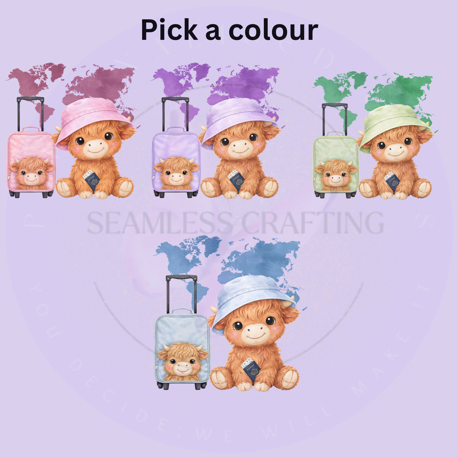 Pink, purple, green and blue Highland cow travel designs available for the personalised passport set