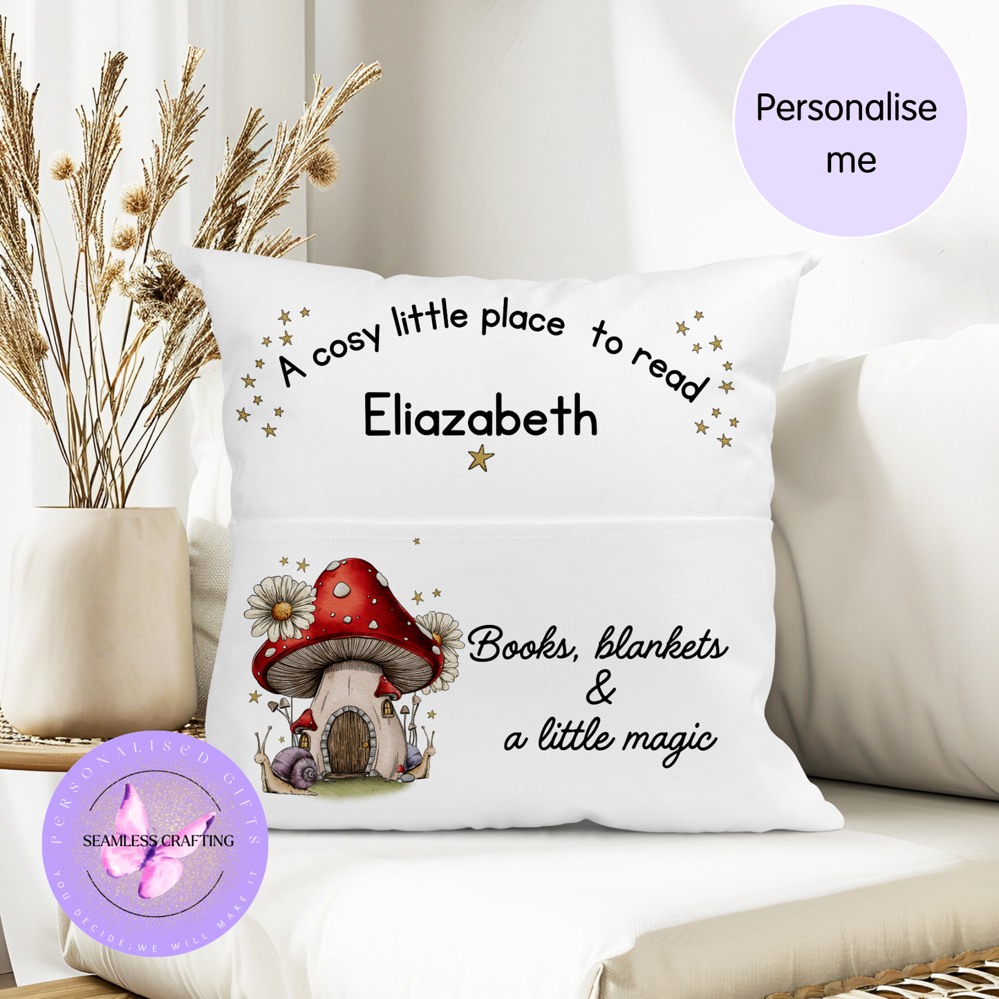 Reading cushion with front pocket designed to hold books, toys or bedtime essentials for kids