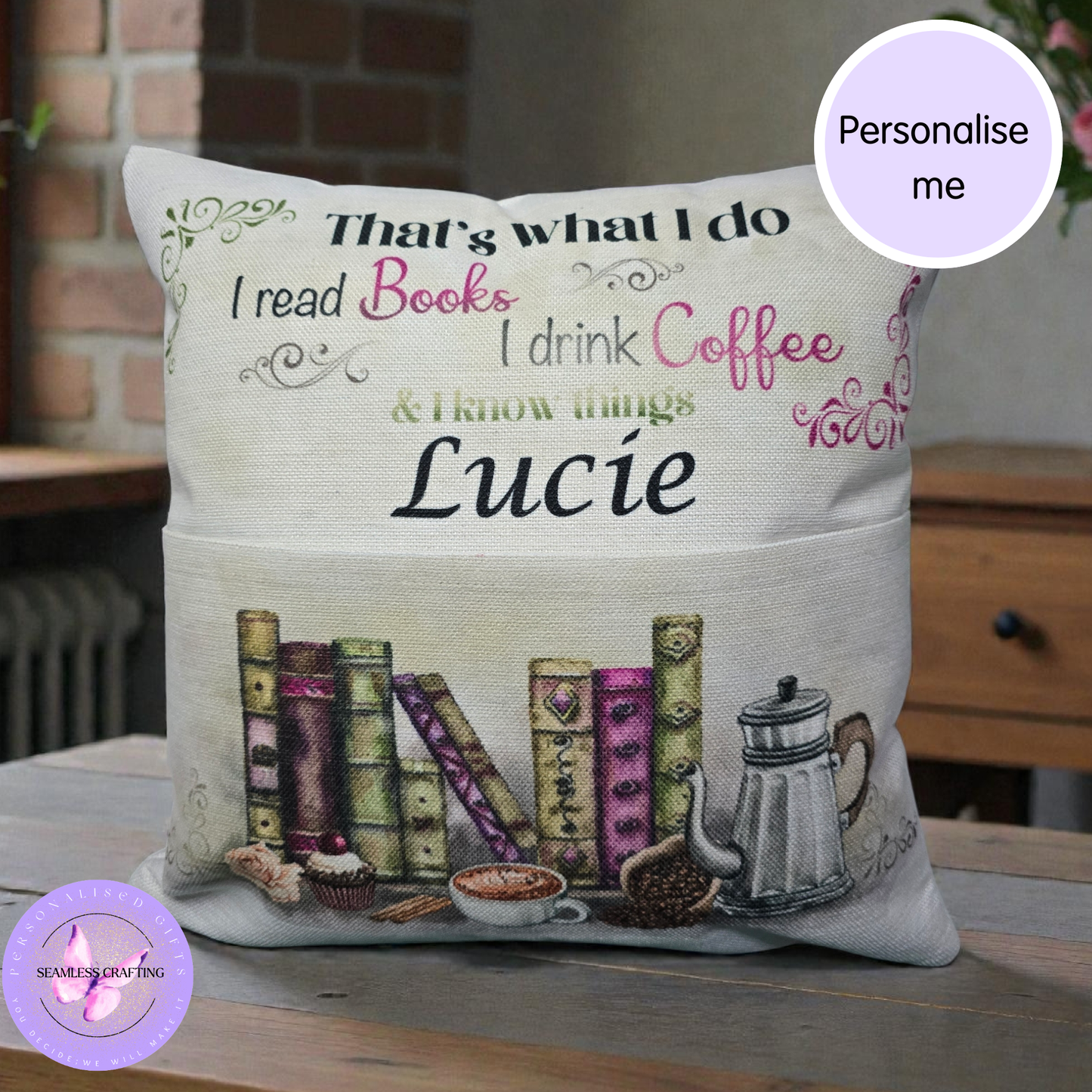 Personalised  Pocket Reading Book Cushion, That's what I do cushion gifts, tea and loving reading pillow, Bedroom Decor, Unique Cushion