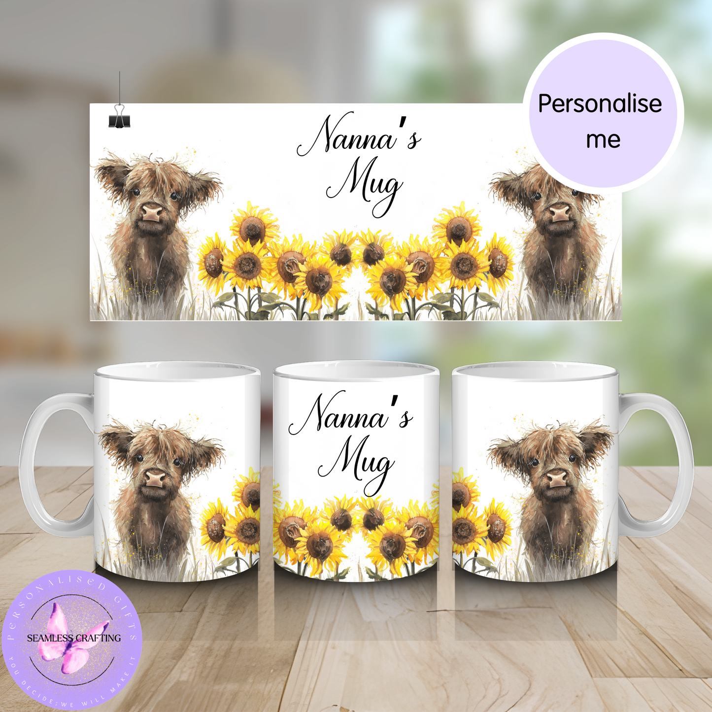 Personalised Highland Cow Mug – Custom Nanna/Nanny/Nan Gift – Sunflower Ceramic Mug (11oz)