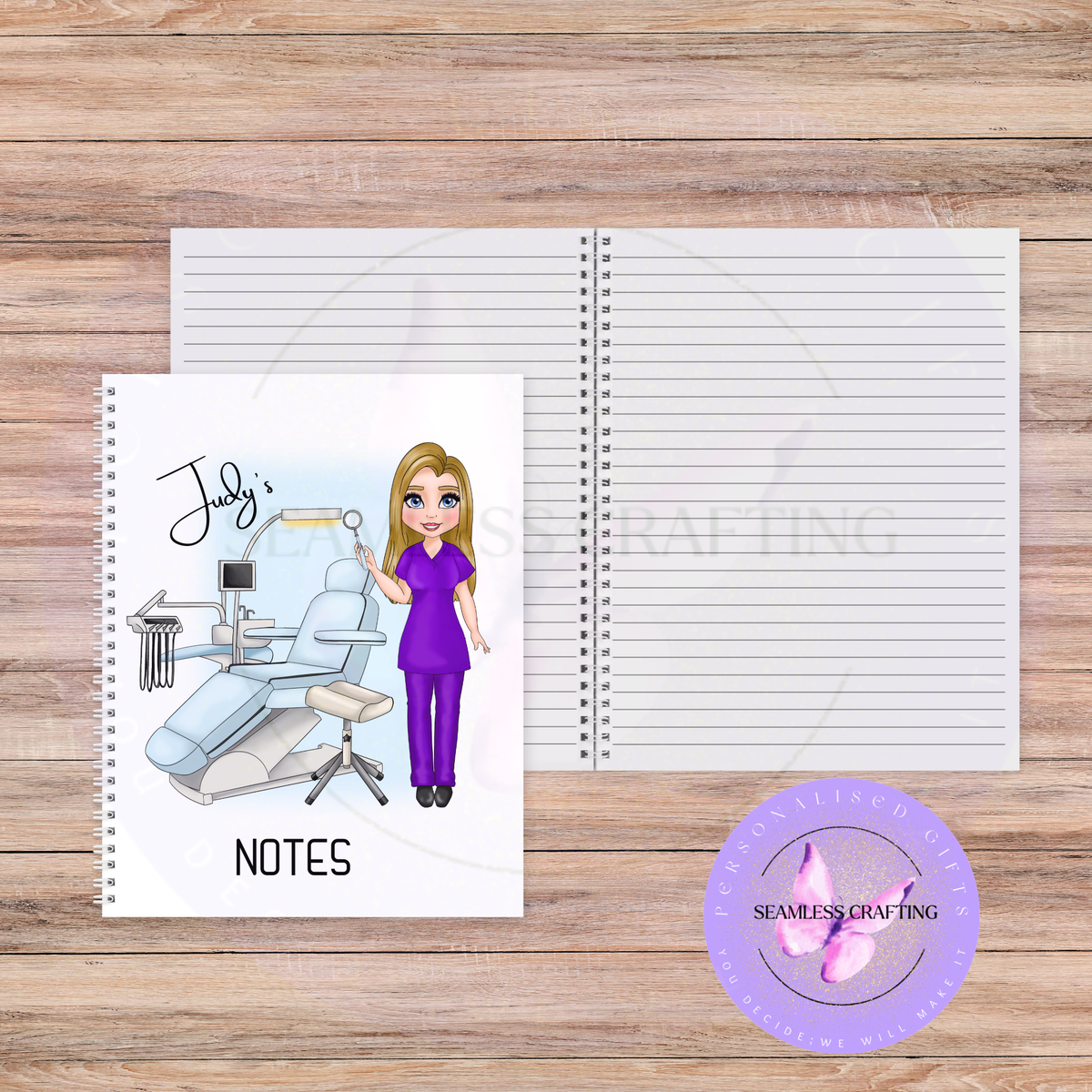 Personalised dentist notebook with spiral binding and lined pages