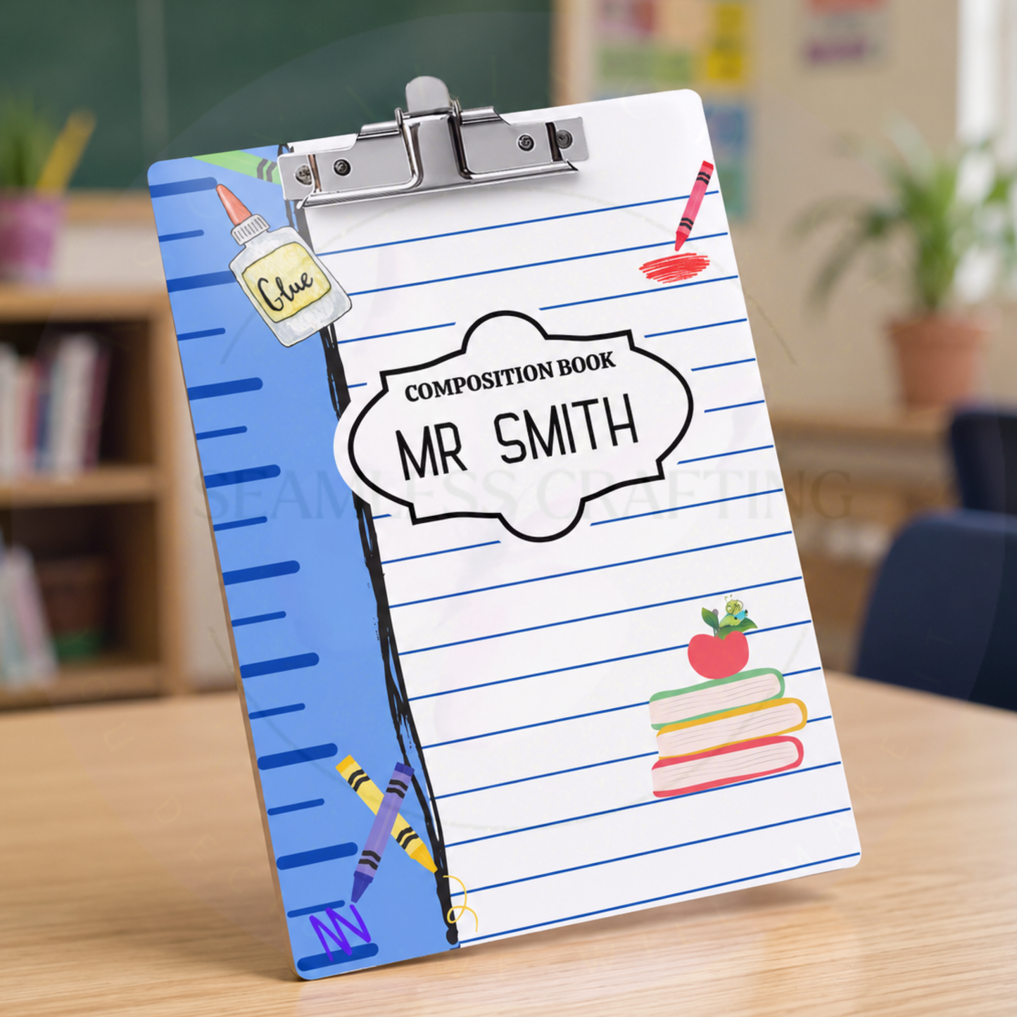 Personalized teacher clipboard in classroom setting with blue notebook spine design