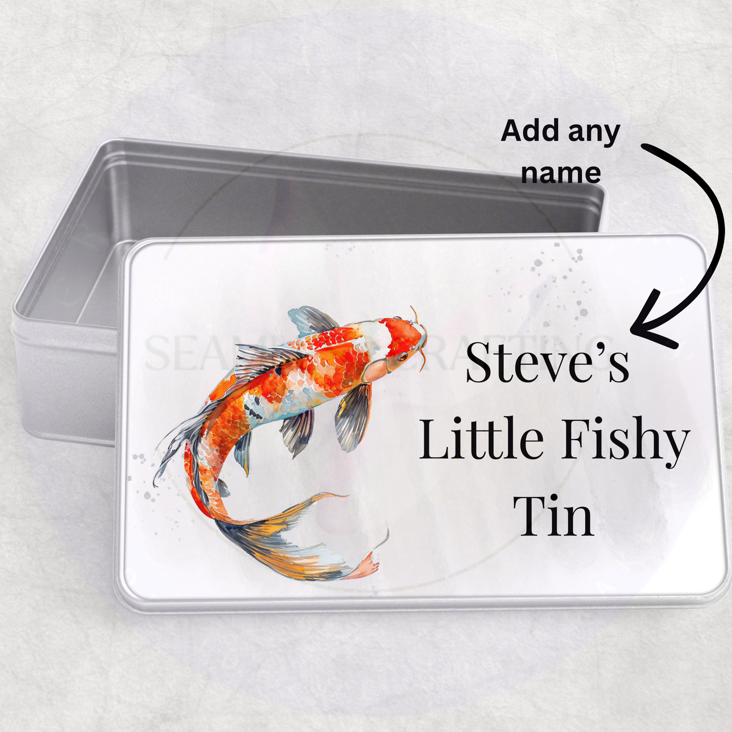 Fishing gift tin personalised with name close up design