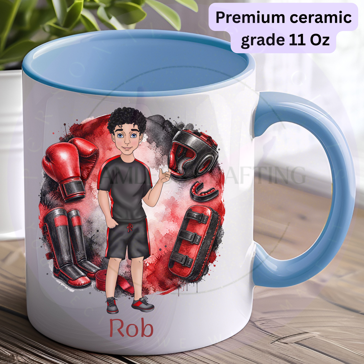 Personalised kickboxer mug with blue handle and inner, custom character and red kickboxing equipment