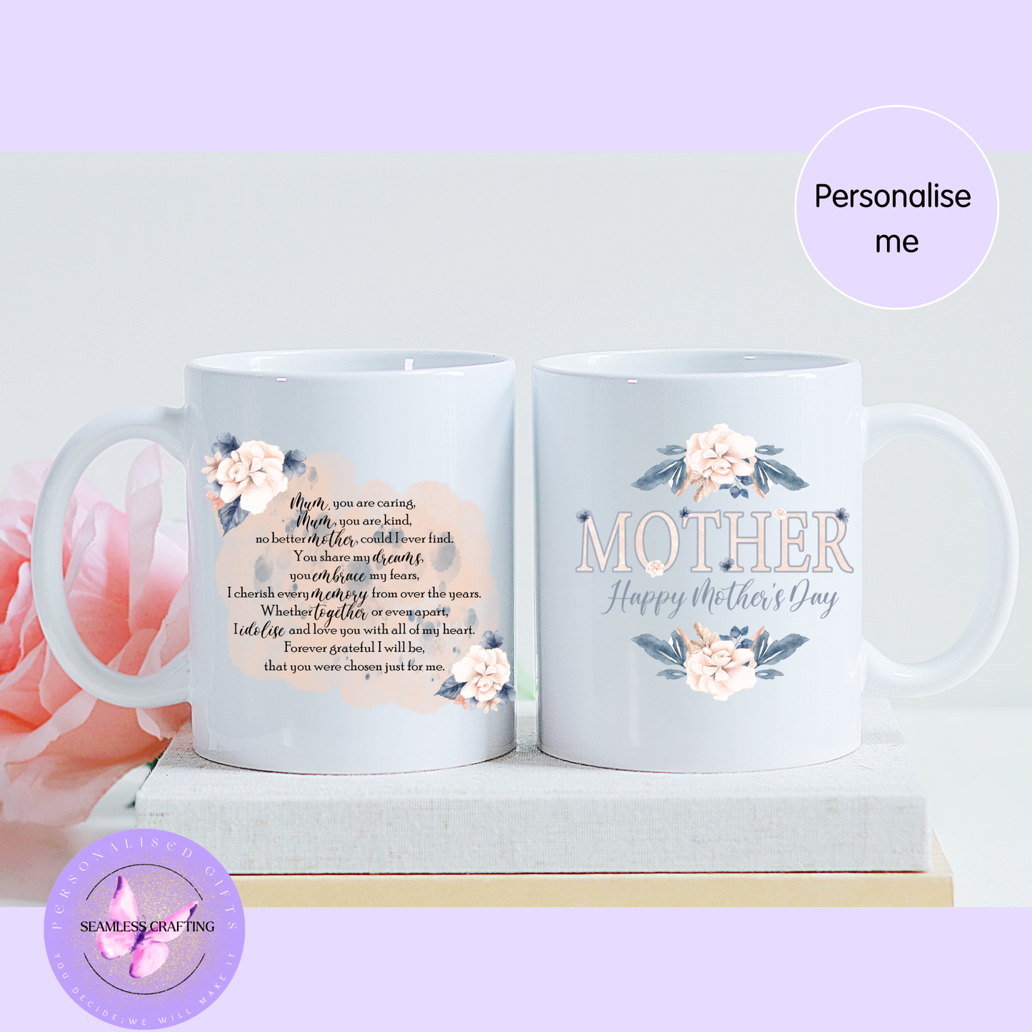 Personalised Mum Cushion & 11oz Mug Set – Floral Mother’s Day Gift – Custom Poem Pillow – Gift for Mum UK