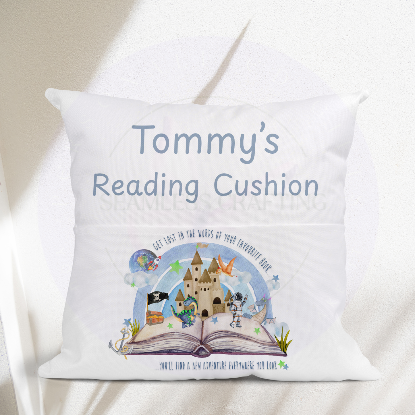 Personalised Storybook Reading Cushion with Pocket – Custom Name Kids Book Pillow, Castle Dragon Adventure Design Gift