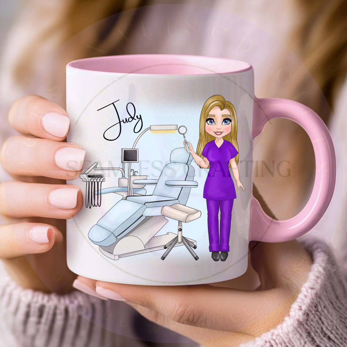 Personalised dental nurse mug with female dental character in purple scrubs and pink handle