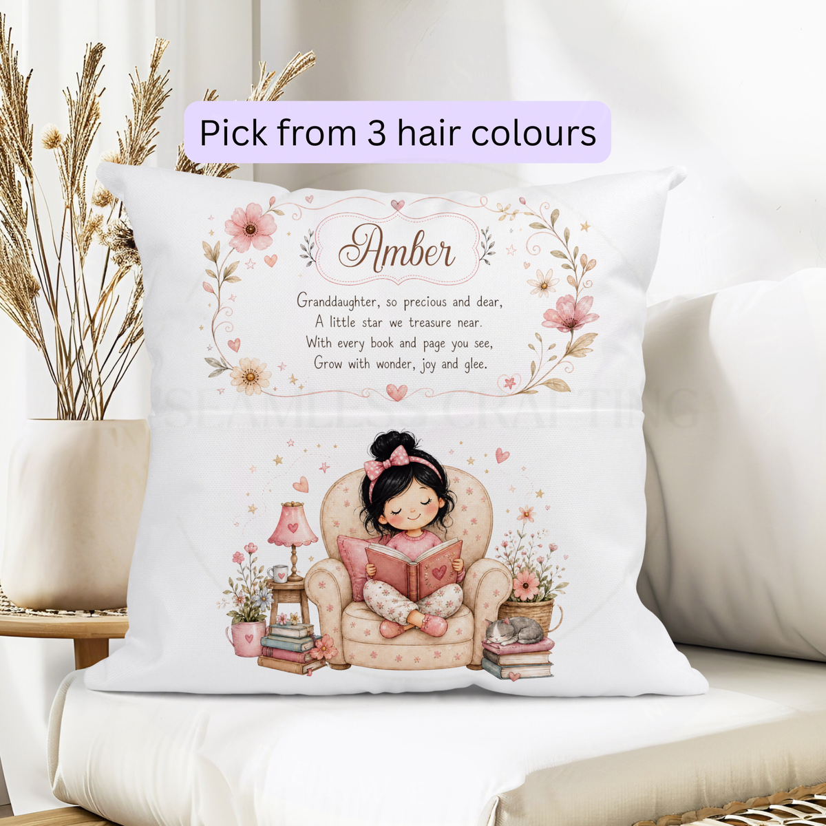 Personalised granddaughter reading cushion with book pocket, custom name and black hair girl