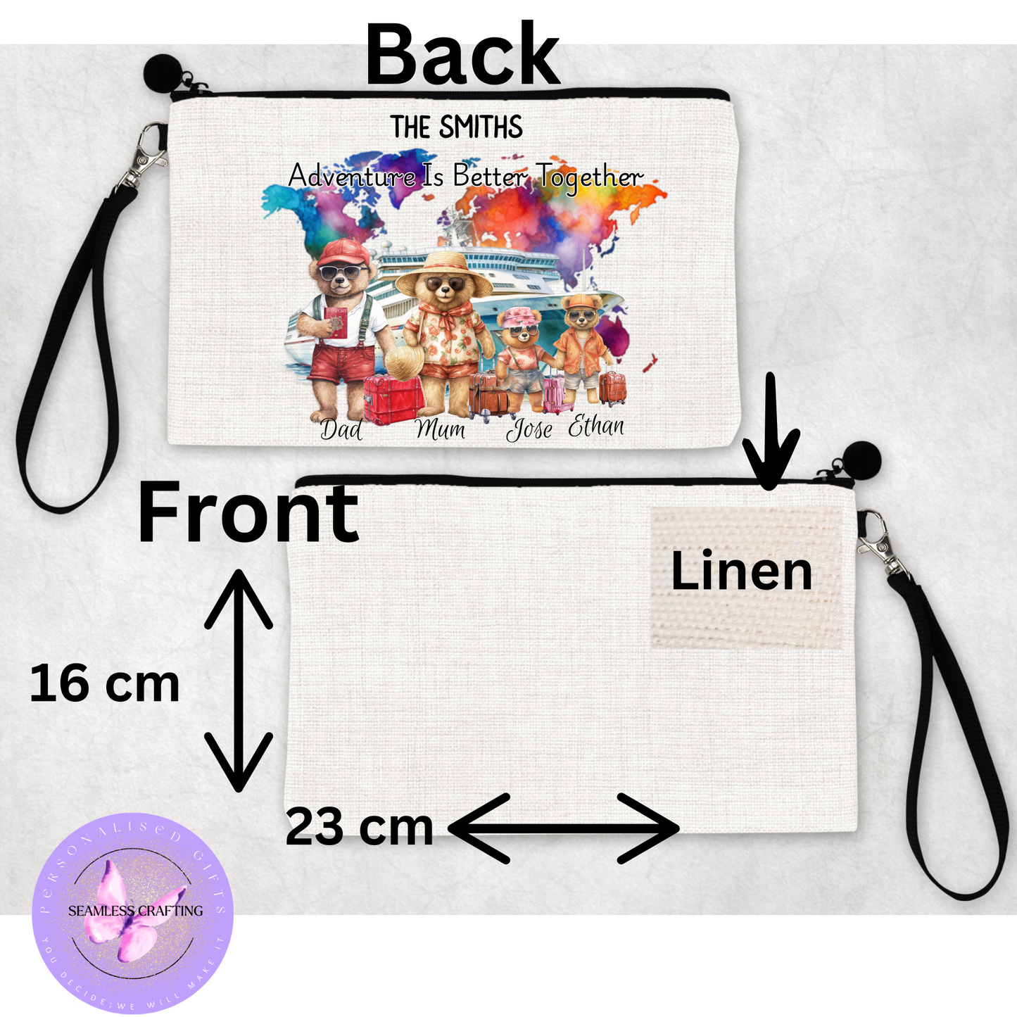 Pouch with teddy bear design and text, labeled 'Front' and 'Back', with measurements and brand logo.