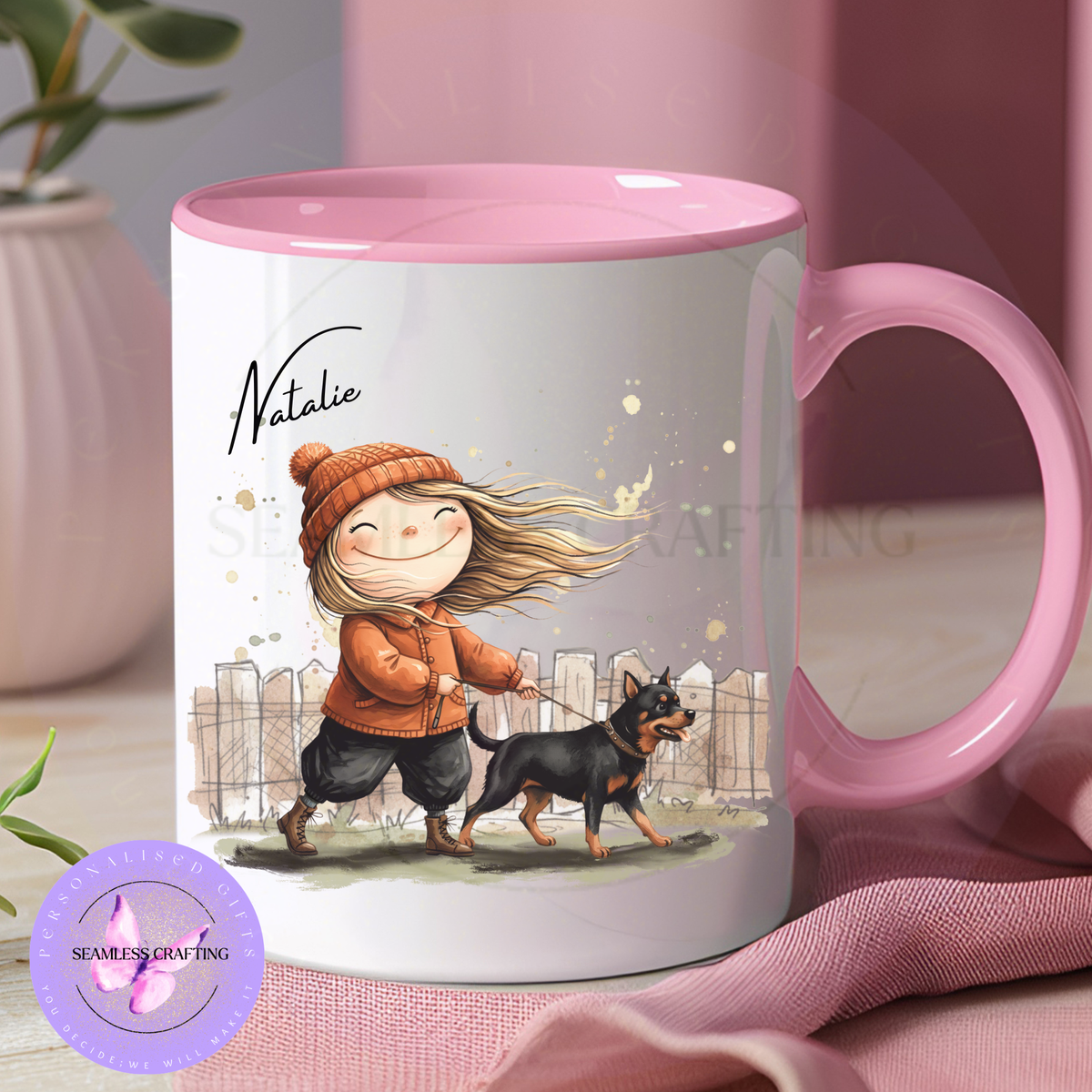 Pink personalised dog walker mug with female dog walking design