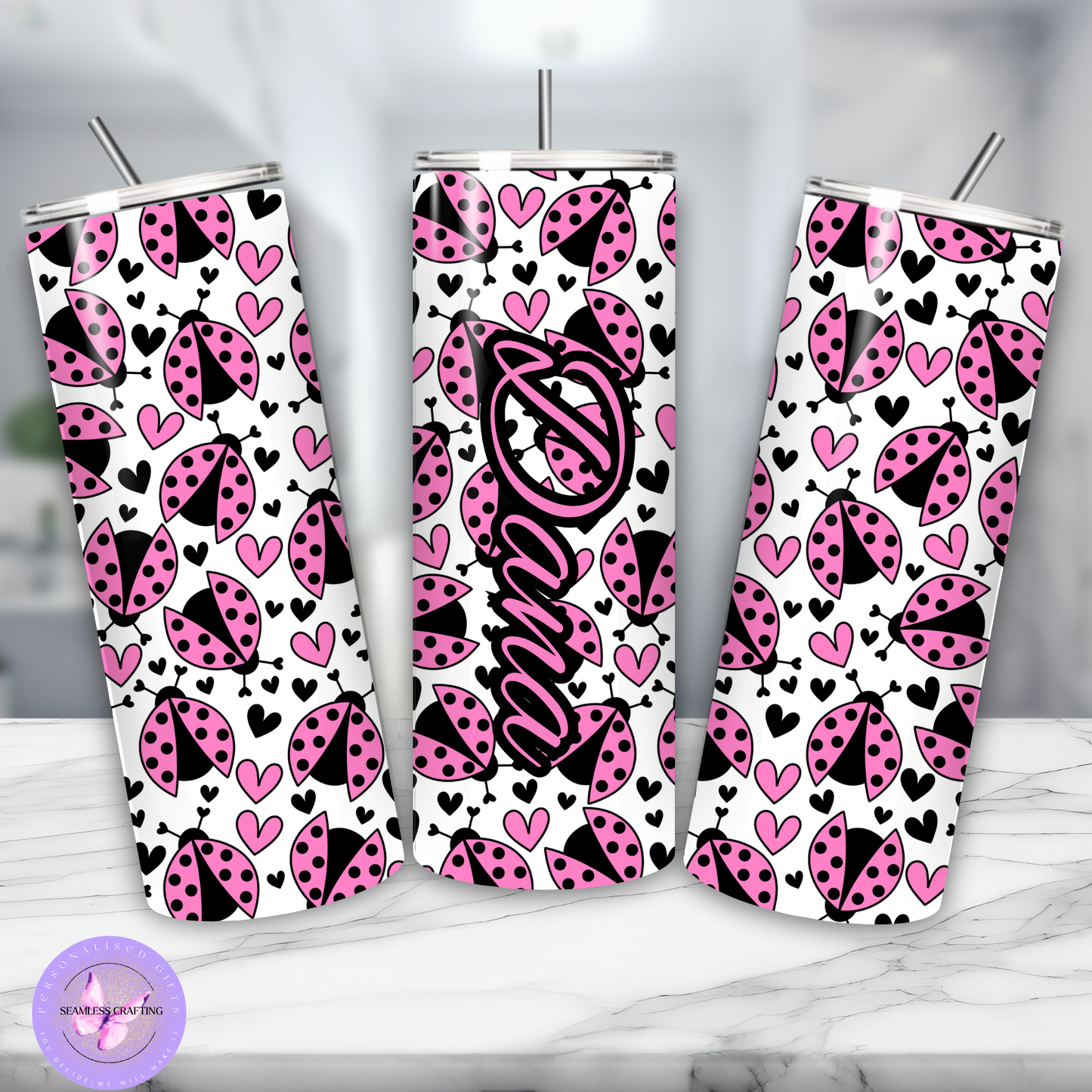 Personalised Ladybug Stainless Steel Tumbler – 15oz or 20oz – Red or Pink – Custom Name Travel Cup with Lid & Straw – Cute Gift for Her