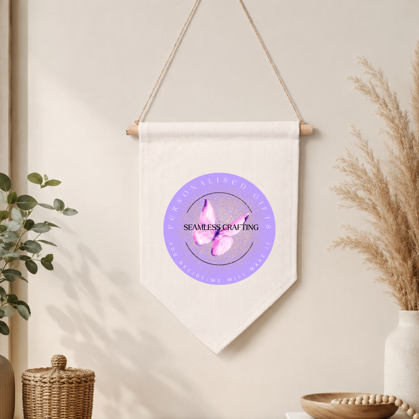 Personalised Linen Pennant Banner – Custom Text or Logo Wall Hanging