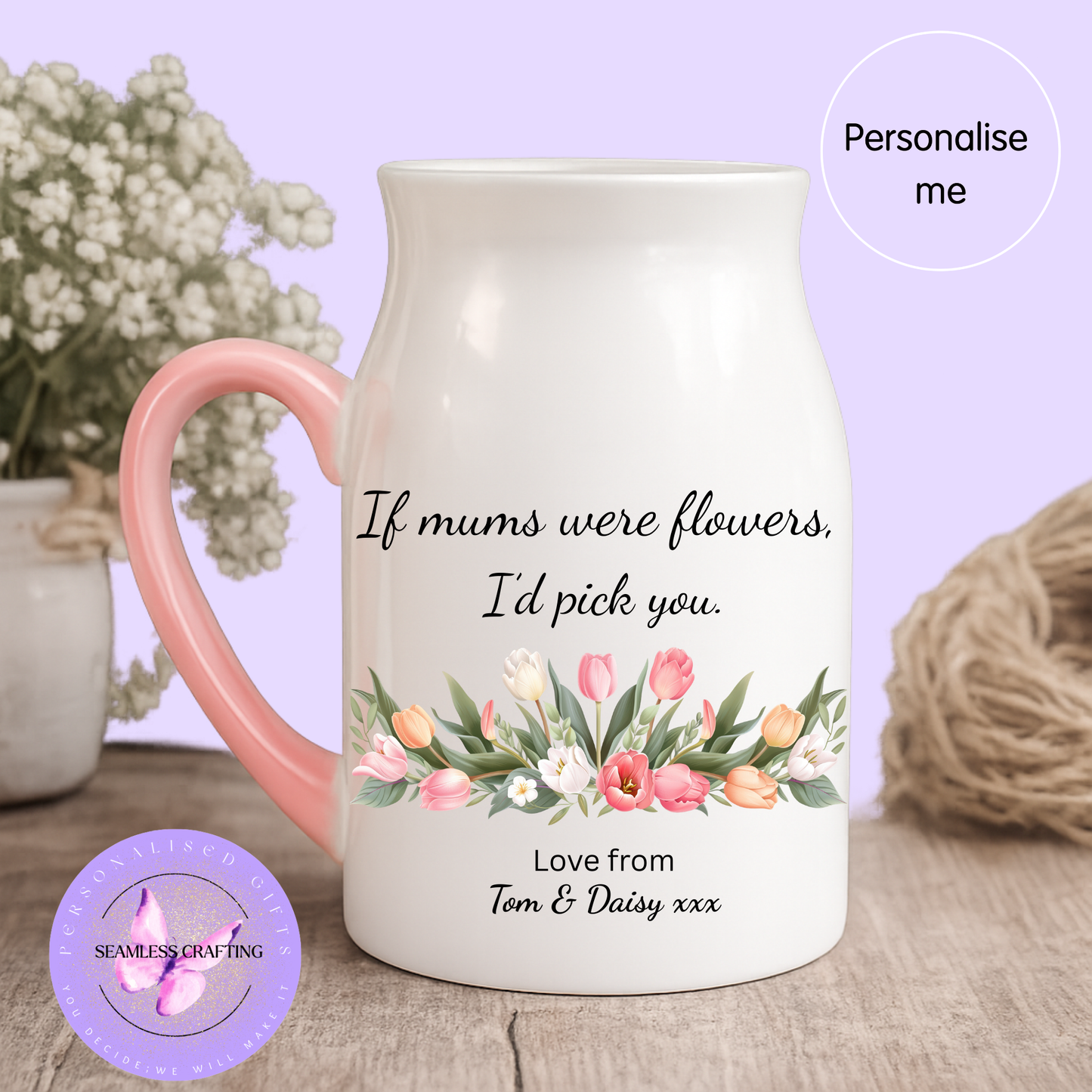 Personalised Flower Jug Gift for Mum | Custom Mother’s Day Jug Vase | “If Mums Were Flowers I’d Pick You” | Personalised Ceramic Jug with Names UK