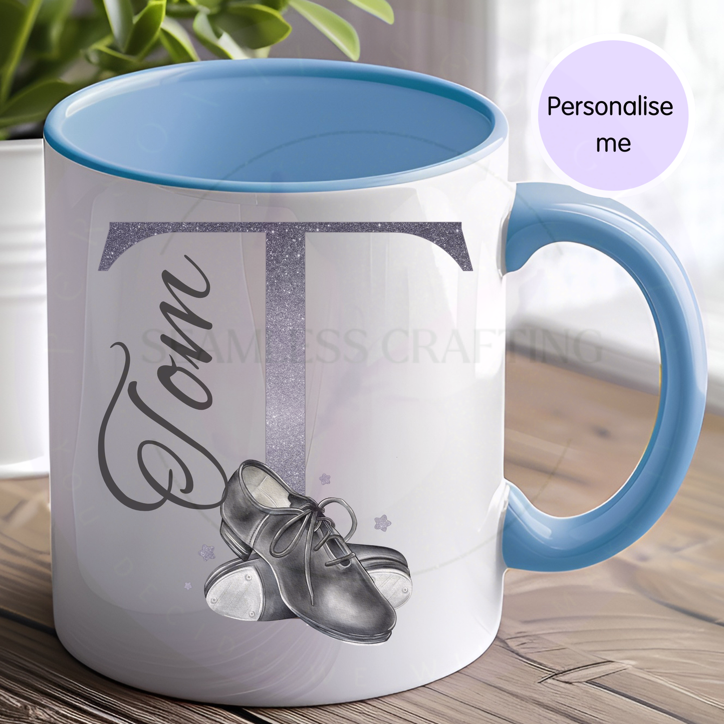 Personalised tap shoes mug with name Tanya initial T ceramic mug