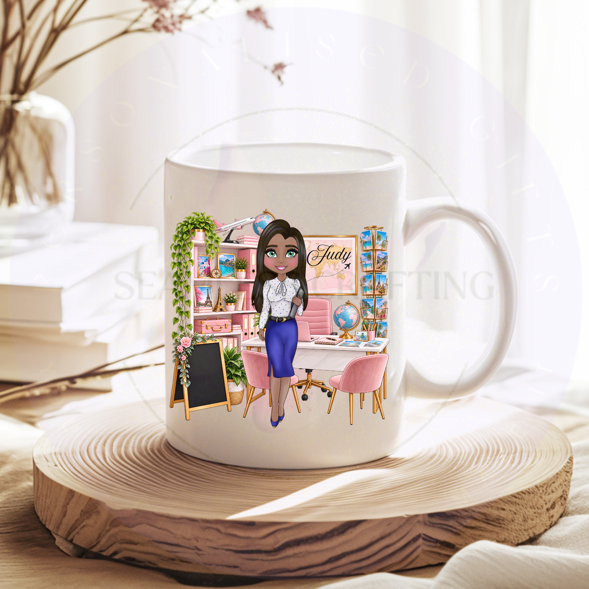Personalised travel agent 11oz ceramic mug with custom female character and name in pink travel office