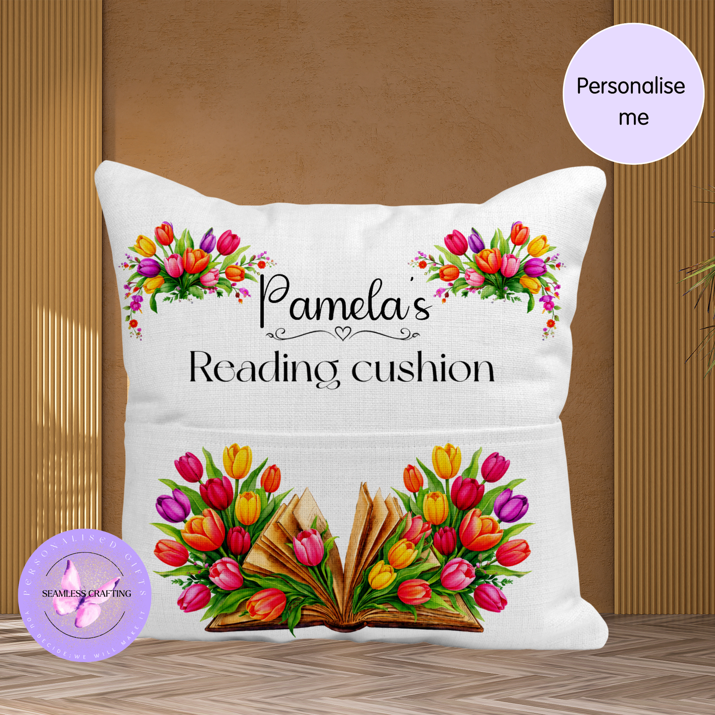 Personalised Tulip Reading Cushion with Pocket