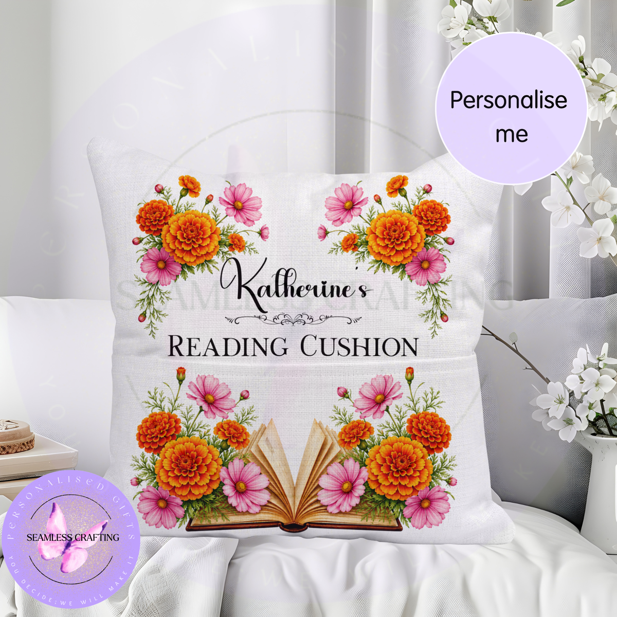 Personalised marigold and cosmos reading cushion displayed in a bright bedroom