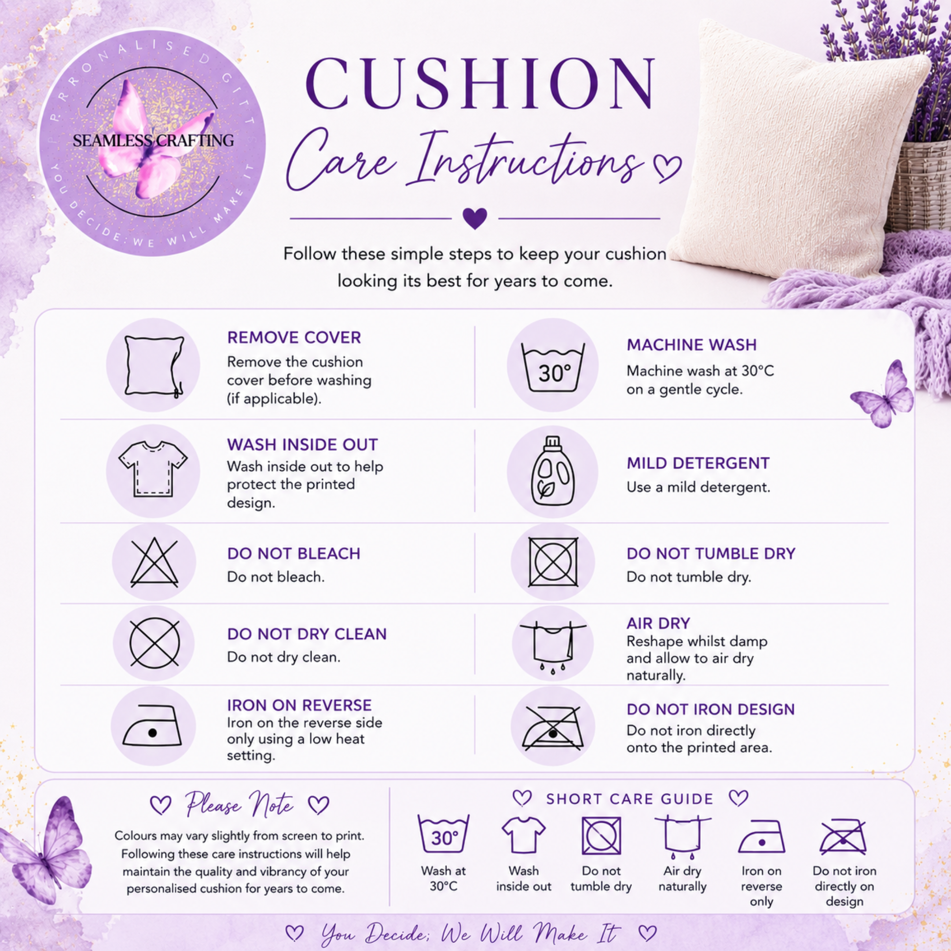 Cushion care instructions for personalised printed cushion cover including 30 degree wash and air dry guidance