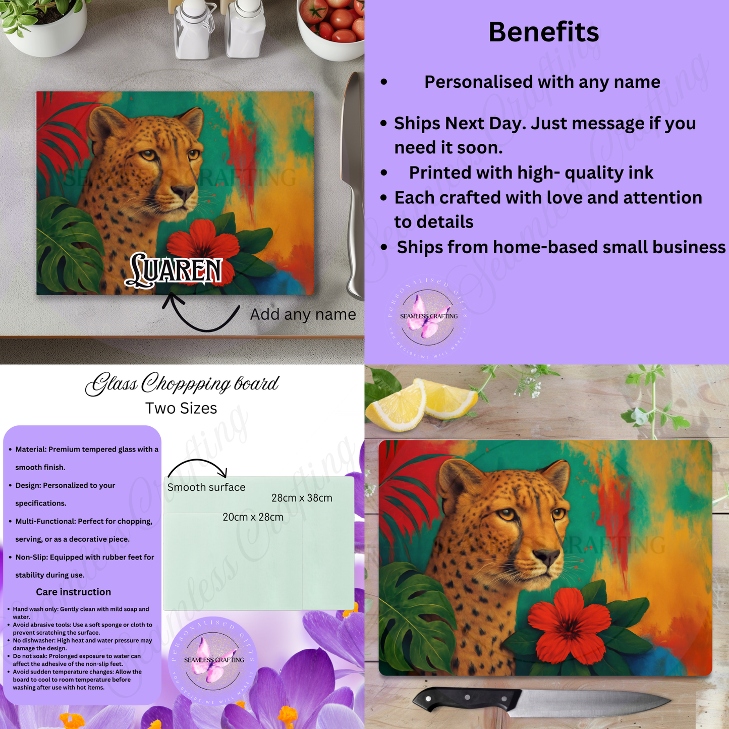 Personalised Cheetah Glass Chopping Board Custom Name Worktop Saver Colourful Animal Kitchen Gift Unique Cutting Board