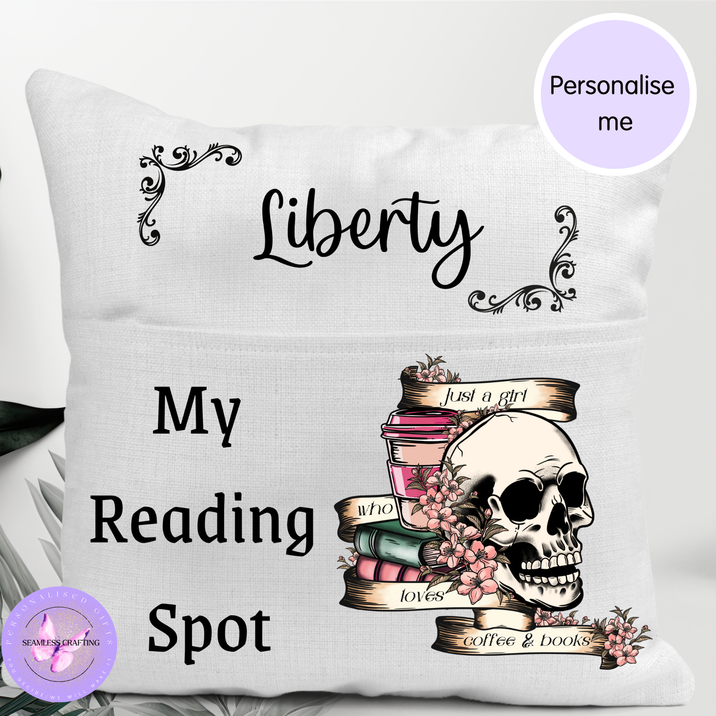 Personalised gothic reading cushion with pocket featuring skull book lover design, custom name Liberty and coffee lover option
