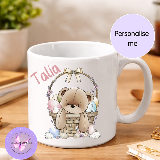 Personalised Teddy Bear Easter Mug – Custom Name Kids Mug, Ceramic or Enamel Cup, Easter Gift for Children, Bunny Egg Design