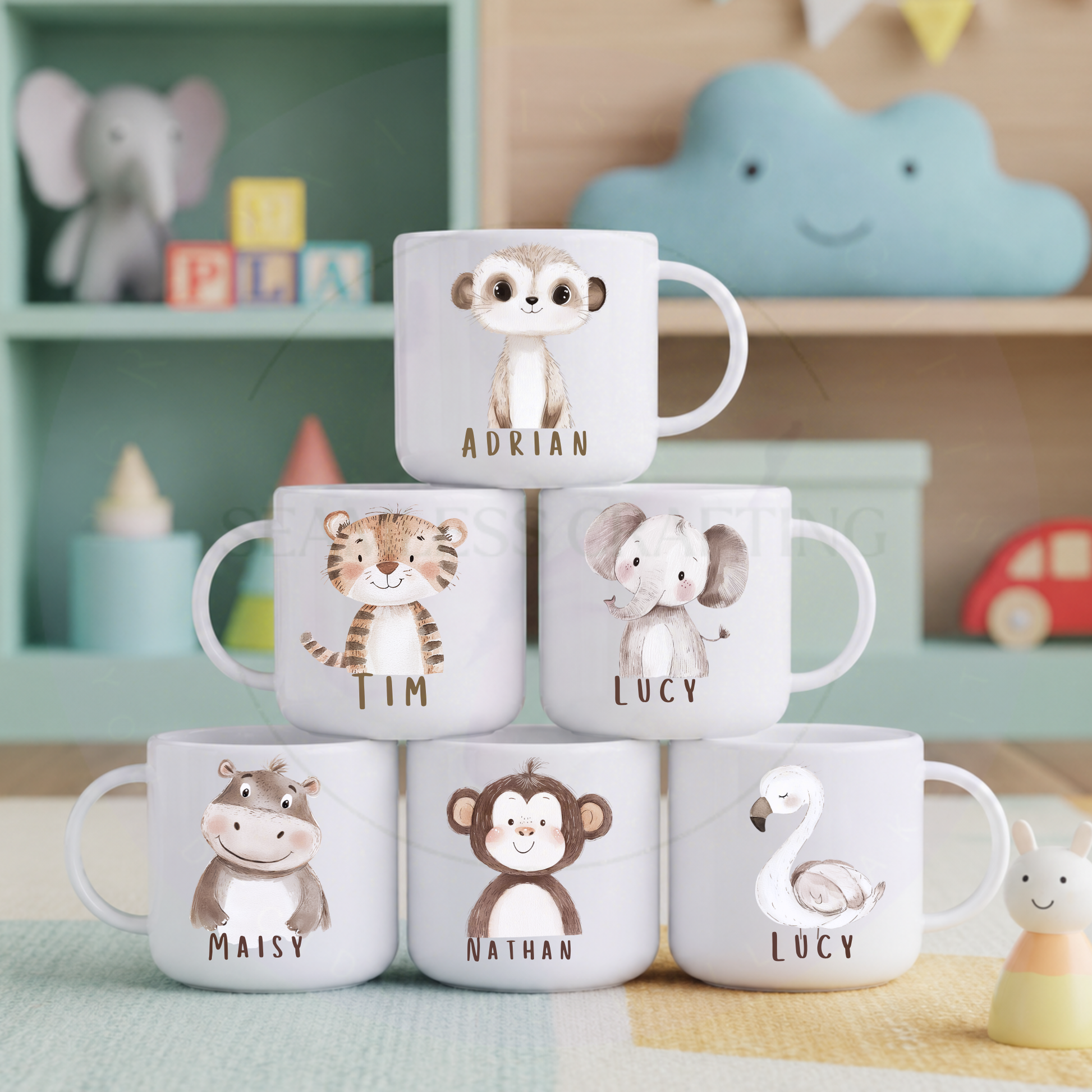 Personalised kids animal mugs featuring meerkat, tiger, elephant, hippo, monkey and swan characters