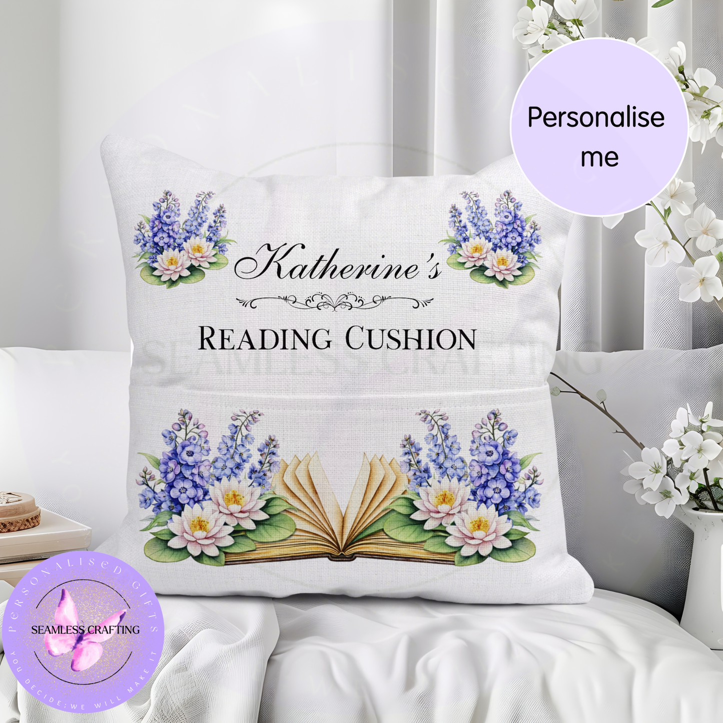 Cosy reading nook with July birth flower cushion – Larkspur and Water Lily, 40x40cm
