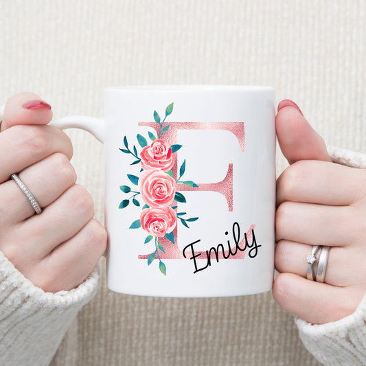 Personalised Rose Gold Floral Initial Gift Mug, Gift For Her, Custom Initial Mug, Birthday Gift Mug, Elegant Bridesmaid, wedding, Coworkers
