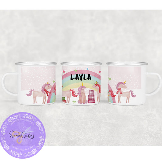 Personalised Christmas Dinosaur, Unicorn children's mugs, 6oz ceramic, 12 enamel cups, movie night, Stock fillers. Add any name