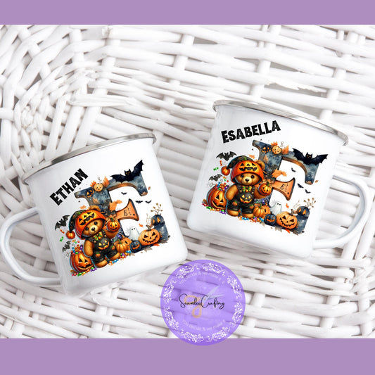 Personalised Halloween Alphabet letter enamel mug,  Spooky teddy bear, Kids Halloween Boo, Movie night cup, Unbreakable mug for children