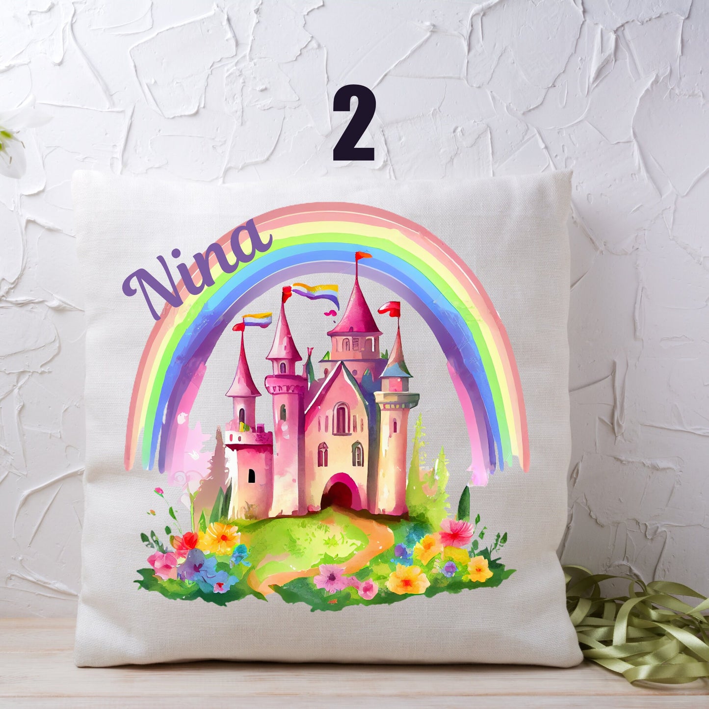 Personalised Rainbow Castle Fairy Tale Pillow, Princess Castle, Fairy Tale Dream Cushion, Girls, Girls Bedroom gifts pillow, Gift For Girls