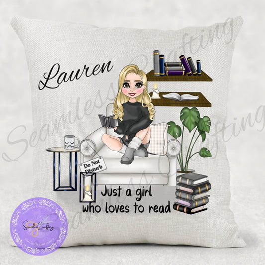 Personalised  Reading Book Cushion, Just a girl who loves books, loving reading pillow, Bedroom Decor, Unique Cushion, Design Your Character
