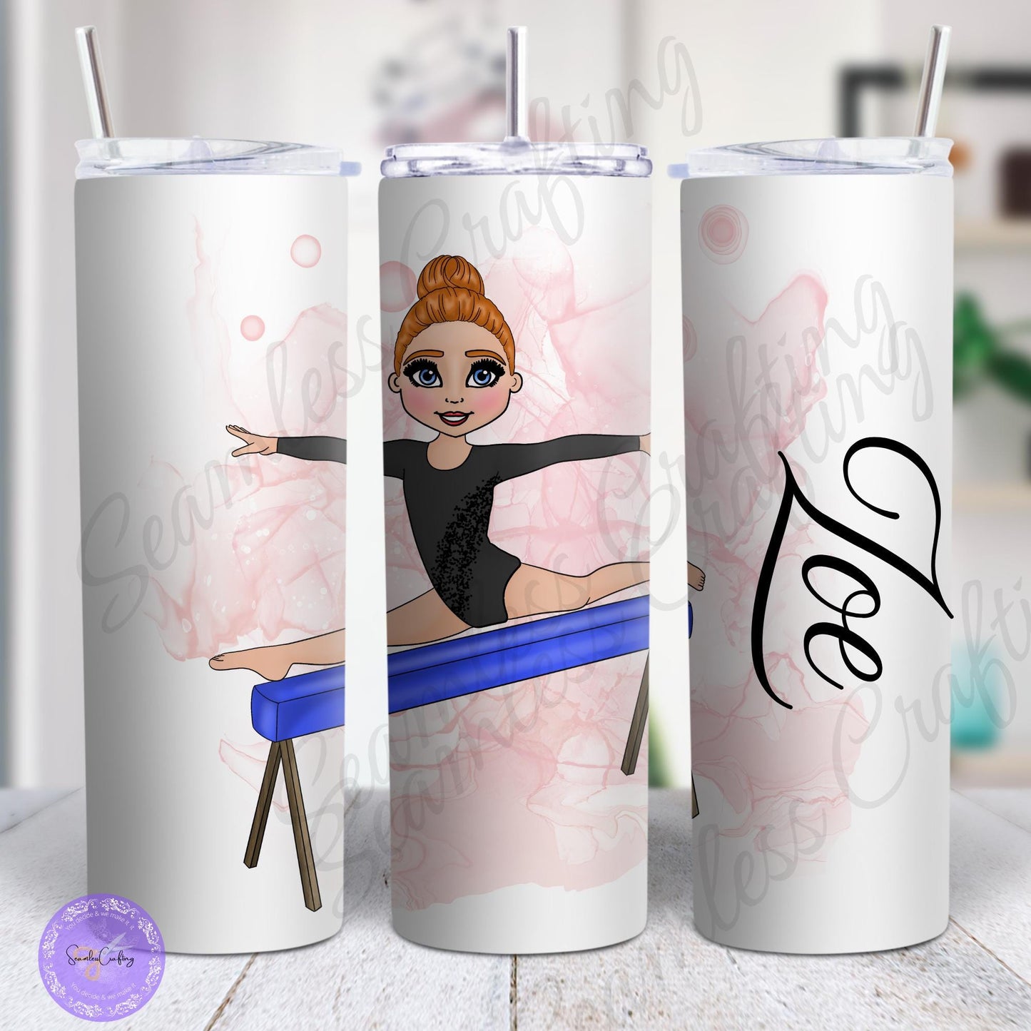 Personalised Beam Gymnast girl water bottle, Stainless steel tumbler, 21 Leotard choice of colours, back to school, caricature drawstring PE