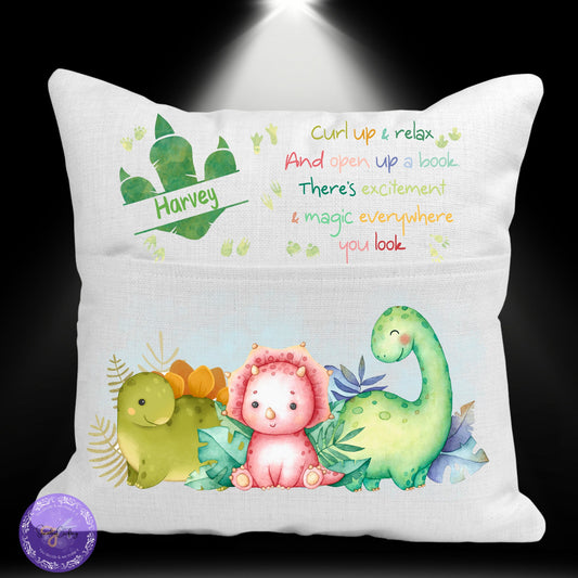 Personalised Dinosaur Pocket Reading Pillow, Customised name Curl up & Relax Cushion,Nursery Gift Pillow, Birthday Gift, First reading gift