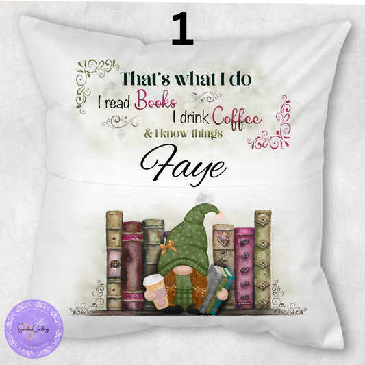 Personalised Gnome Pocket Reading Book Cushion, That's what I do cushion gifts, tea and loving reading pillow, Bedroom Decor, Unique Cushion