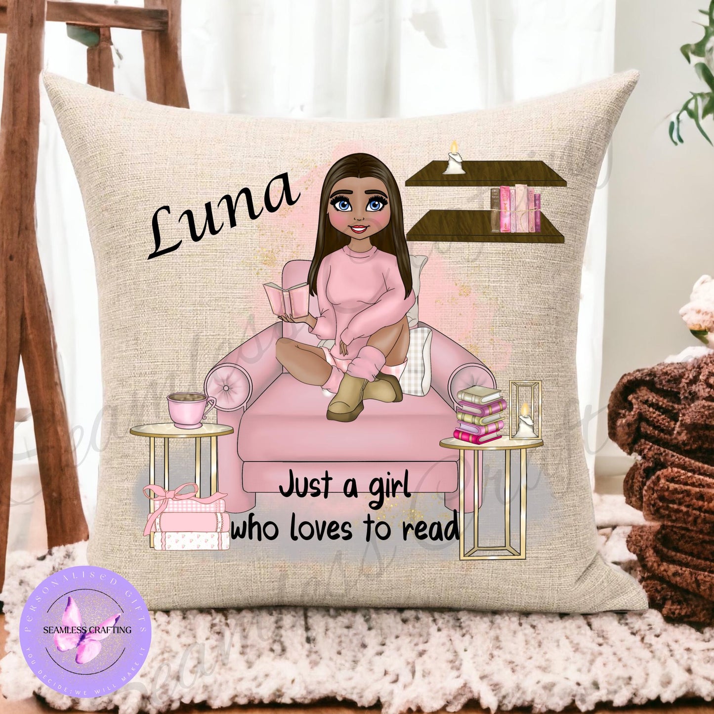 Personalised Book Cushion – Custom Reading Pillow with Character Design | 40x40cm Linen Cushion for Book Lovers & Bedroom Décor