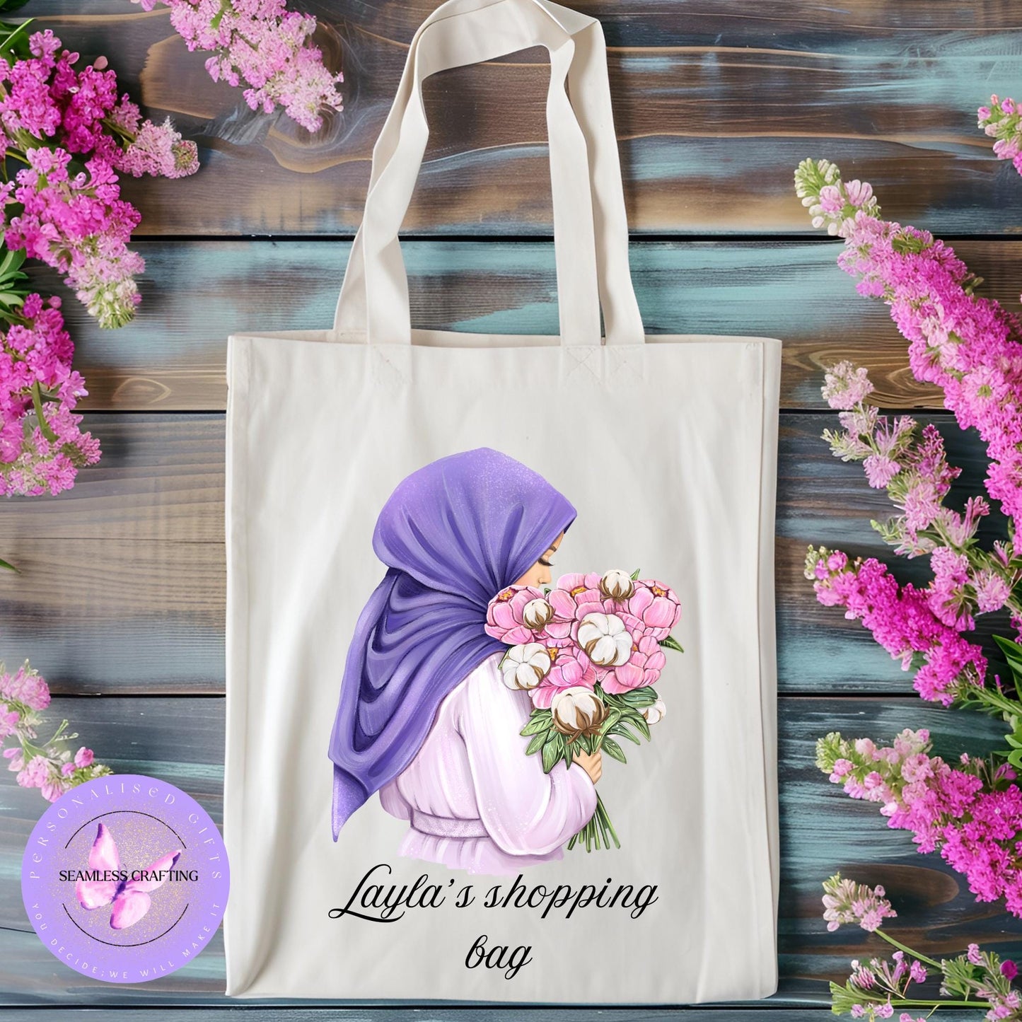 Personalised Eid Gift, Muslim Woman hijab tote, Name in Arabic, Hijabi shopping tote bag Gift For Her, Islamic Name tote, flower hijab woman