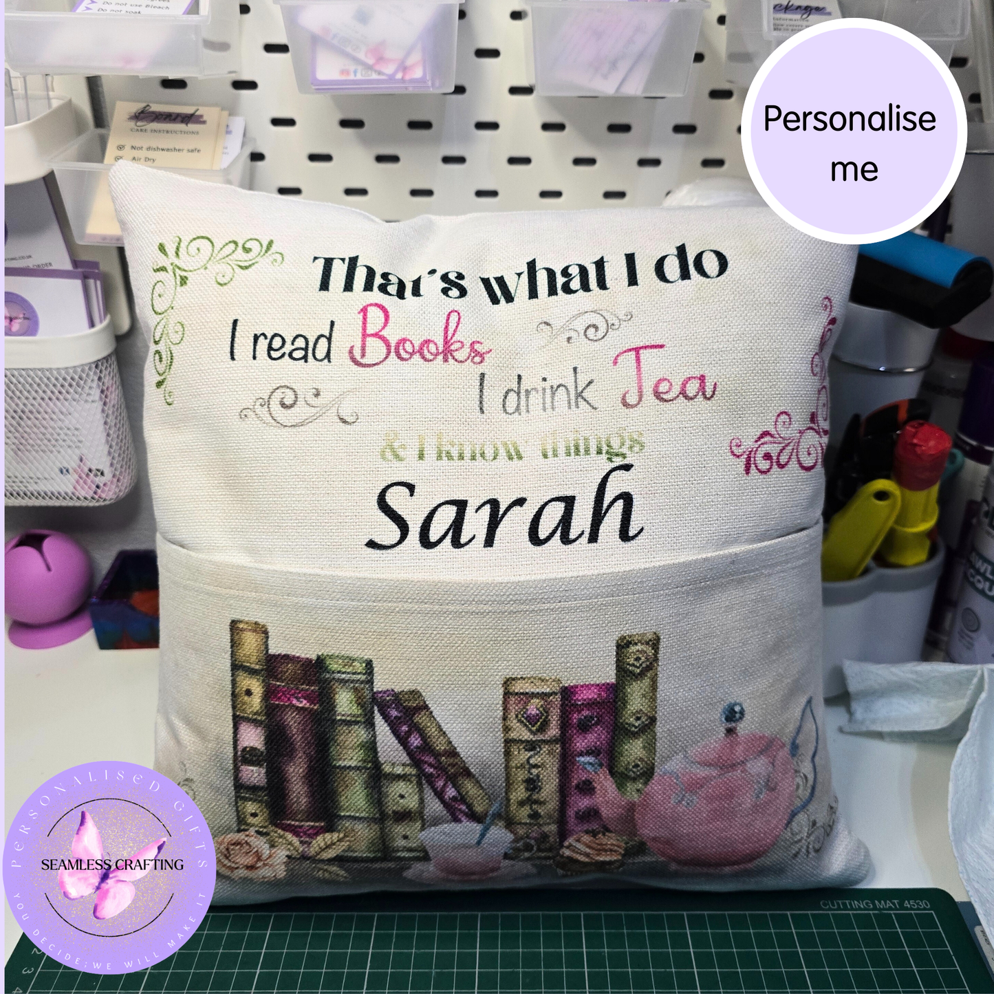 Personalised  Pocket Reading Book Cushion, That's what I do cushion gifts, tea and loving reading pillow, Bedroom Decor, Unique Cushion