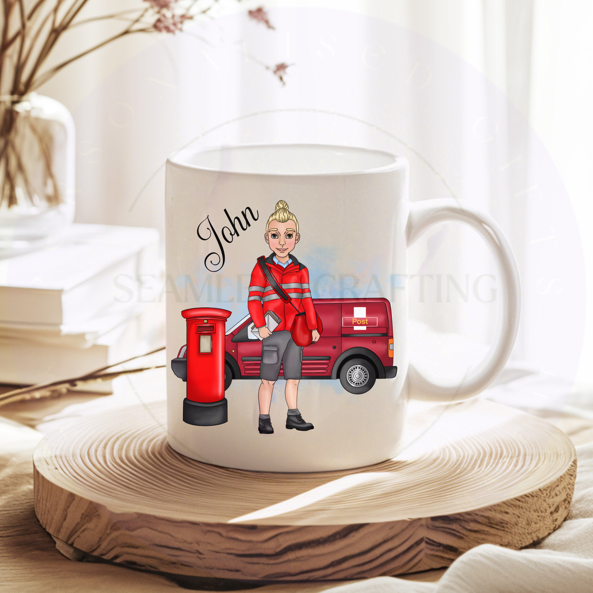 Personalised postman character mug with name John, red postal van and post box