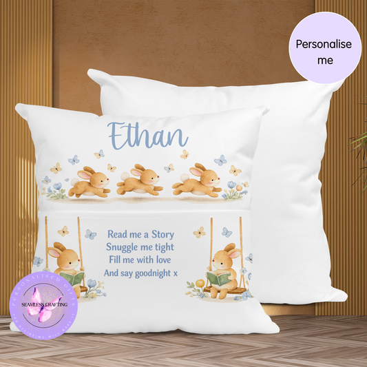 Personalised Bunny Reading Cushion with Pocket – Baby Bedtime Story Pillow – Custom Name Nursery Gift – Bunny Book Cushion