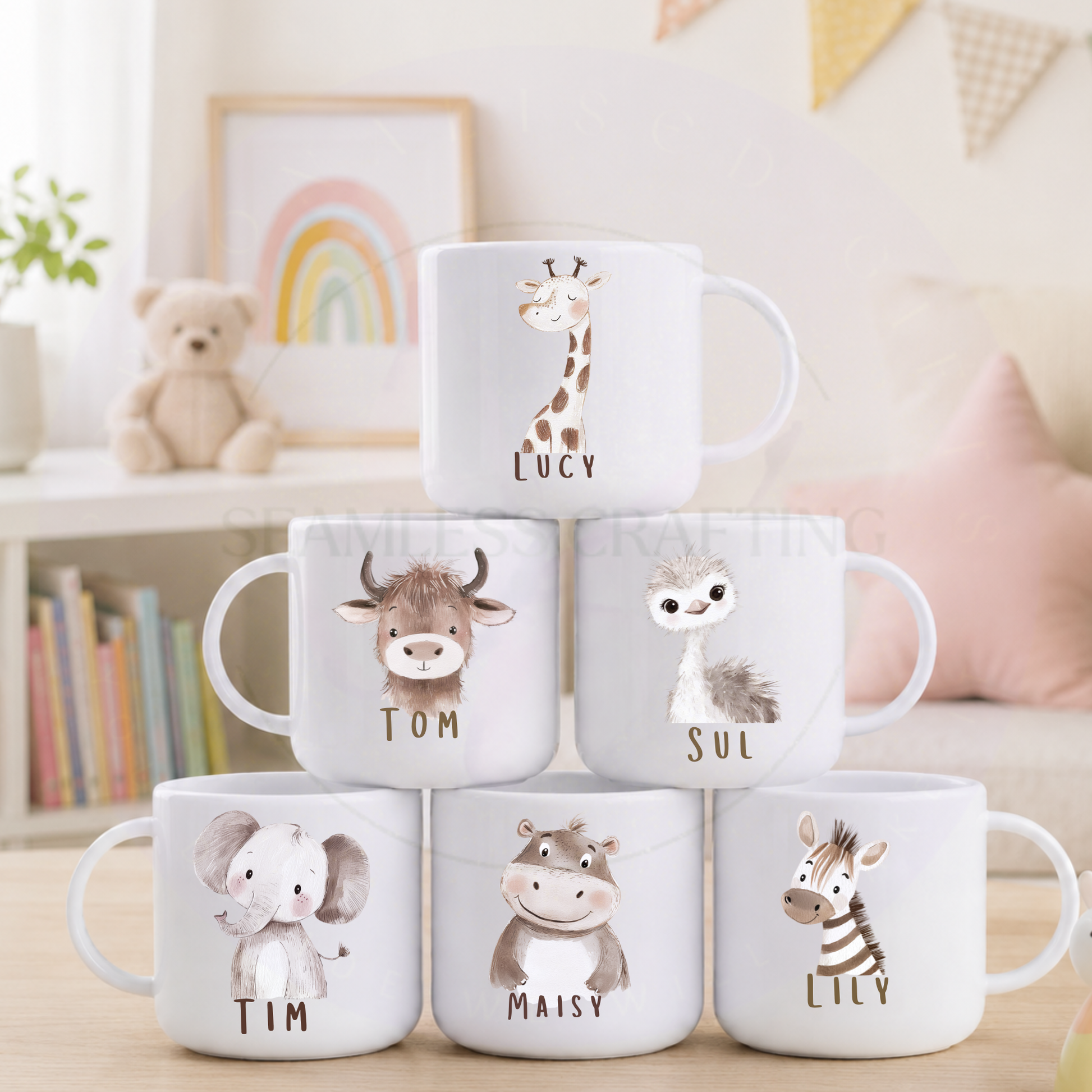 Children's personalised animal mugs featuring giraffe, Highland cow, ostrich, elephant, hippo and zebra