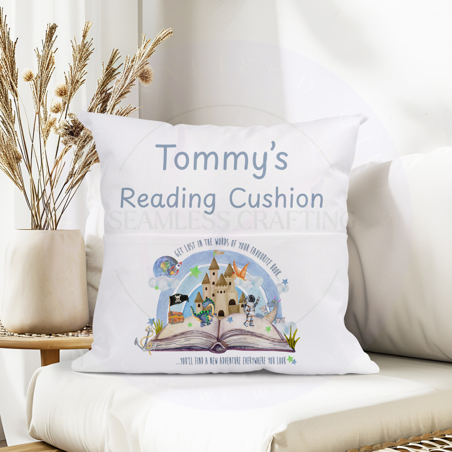 Personalised Storybook Reading Cushion with Pocket – Custom Name Kids Book Pillow, Castle Dragon Adventure Design Gift