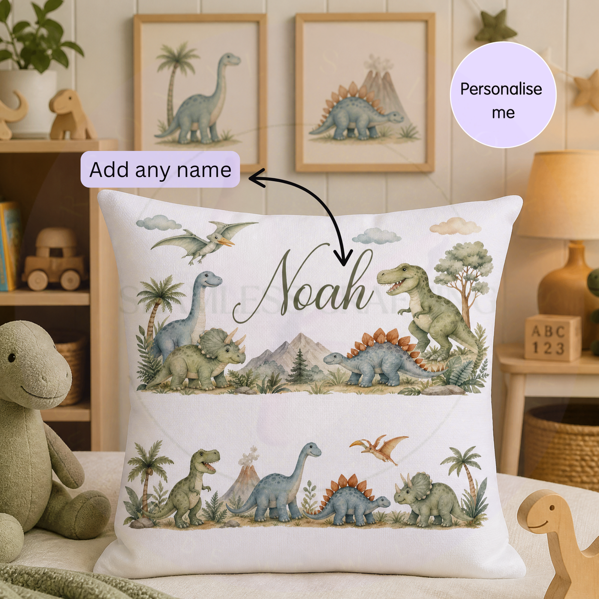 Watercolour dinosaur personalised cushion for boys bedroom and reading corner