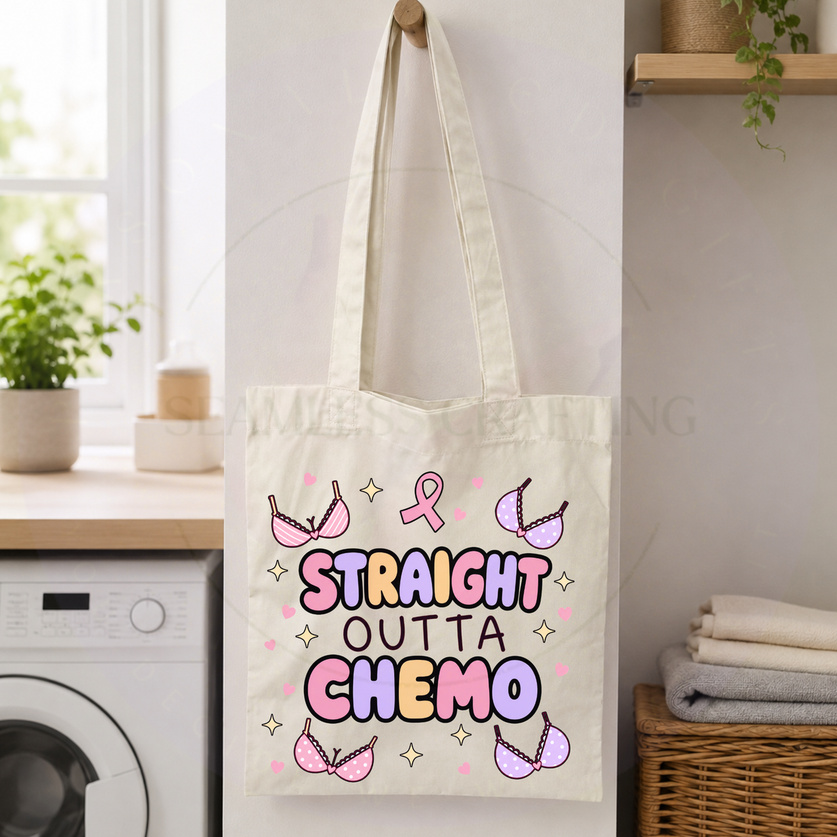Straight Outta Chemo tote bag hanging beside a washing machine