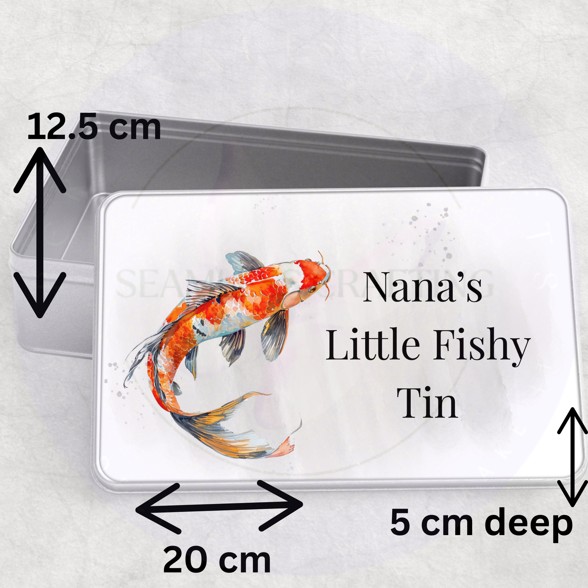 Personalised fishing tin showing size dimensions metal box