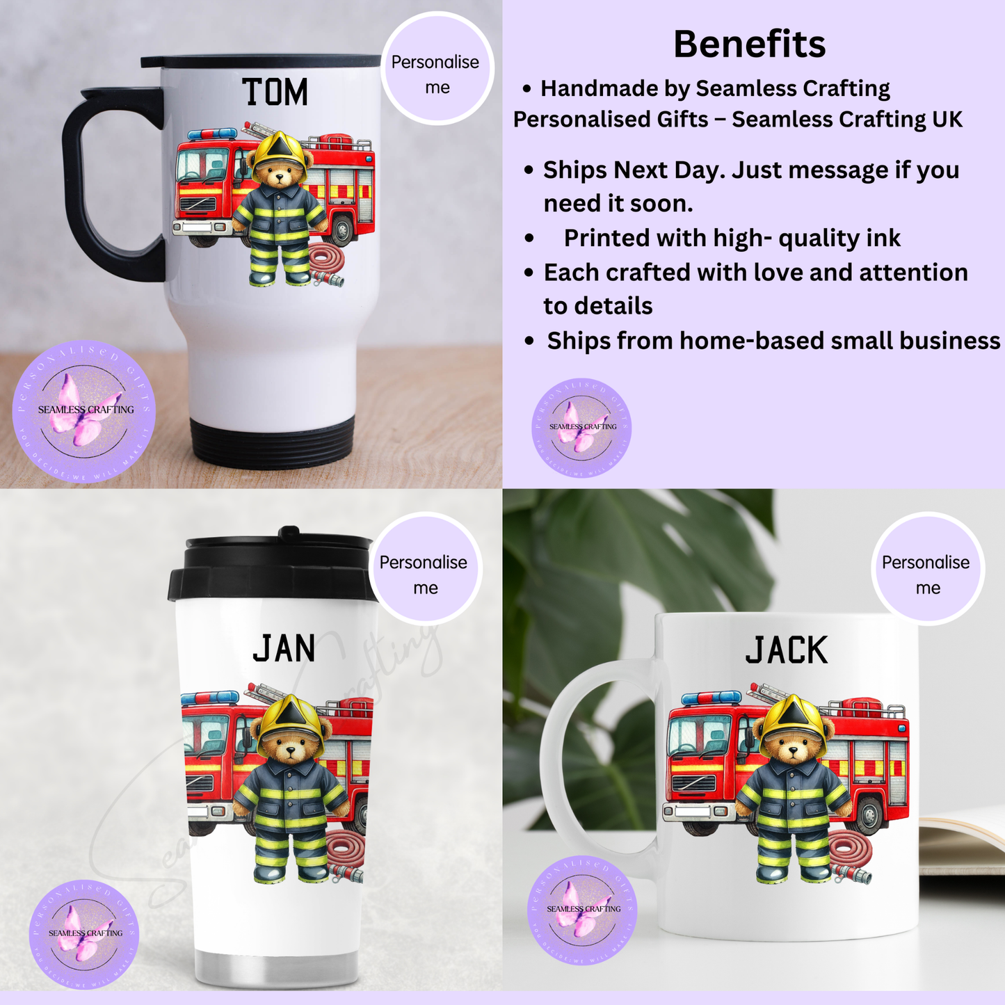 Personalised Firefighter Bear Mug or Travel Mug | Custom Name Fire Service Gift