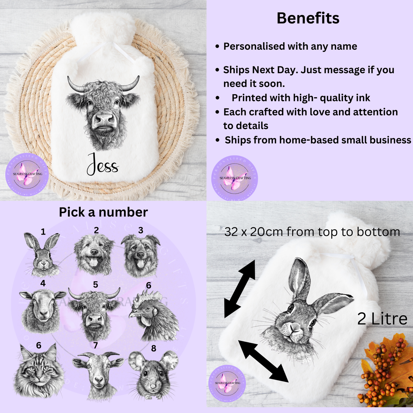 Personalised Sketch Animals faux-fur hot water bottle with name, hand-drawn animal design, 2L bottle included, cosy gift handmade in the UK