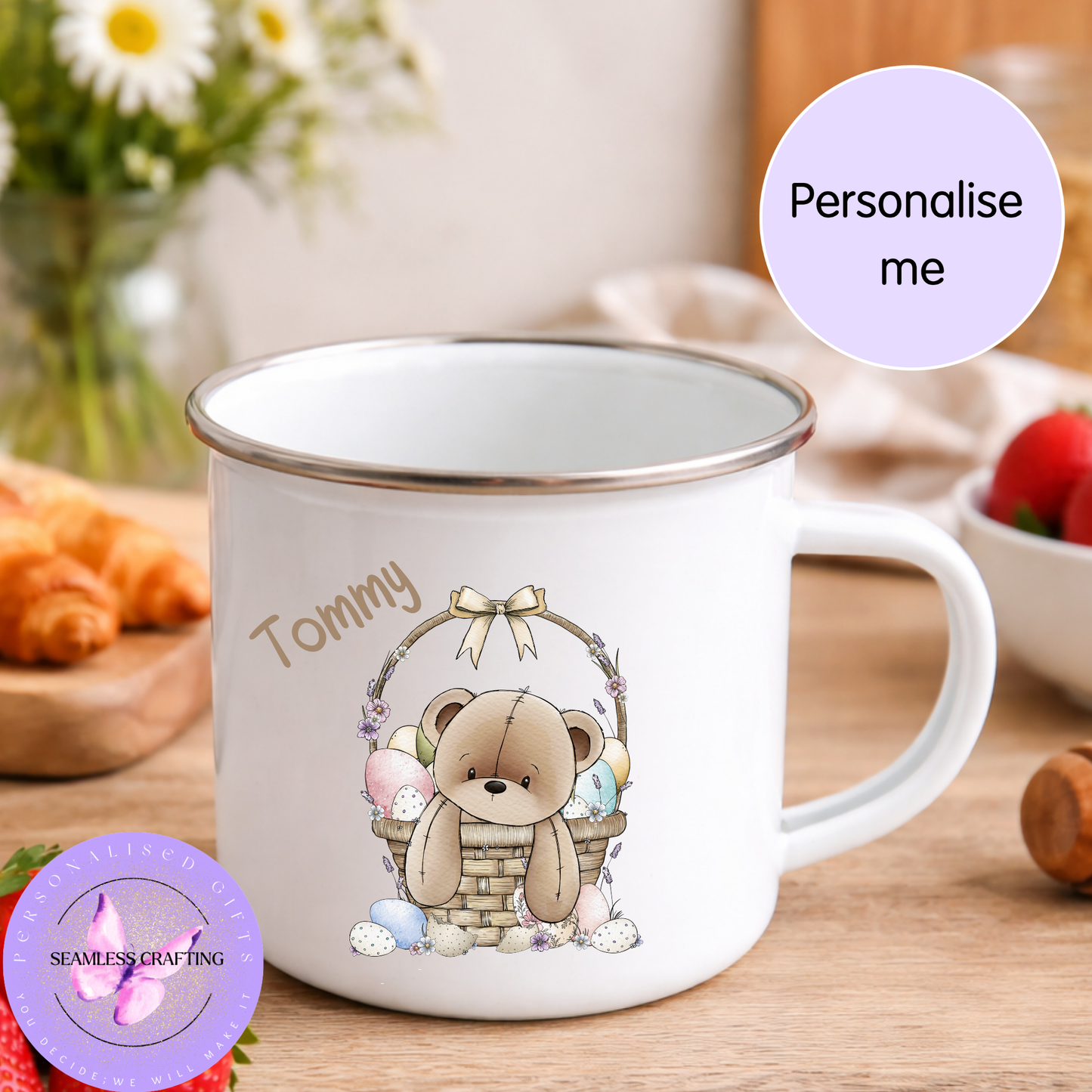 Personalised Teddy Bear Easter Mug – Custom Name Kids Mug, Ceramic or Enamel Cup, Easter Gift for Children, Bunny Egg Design