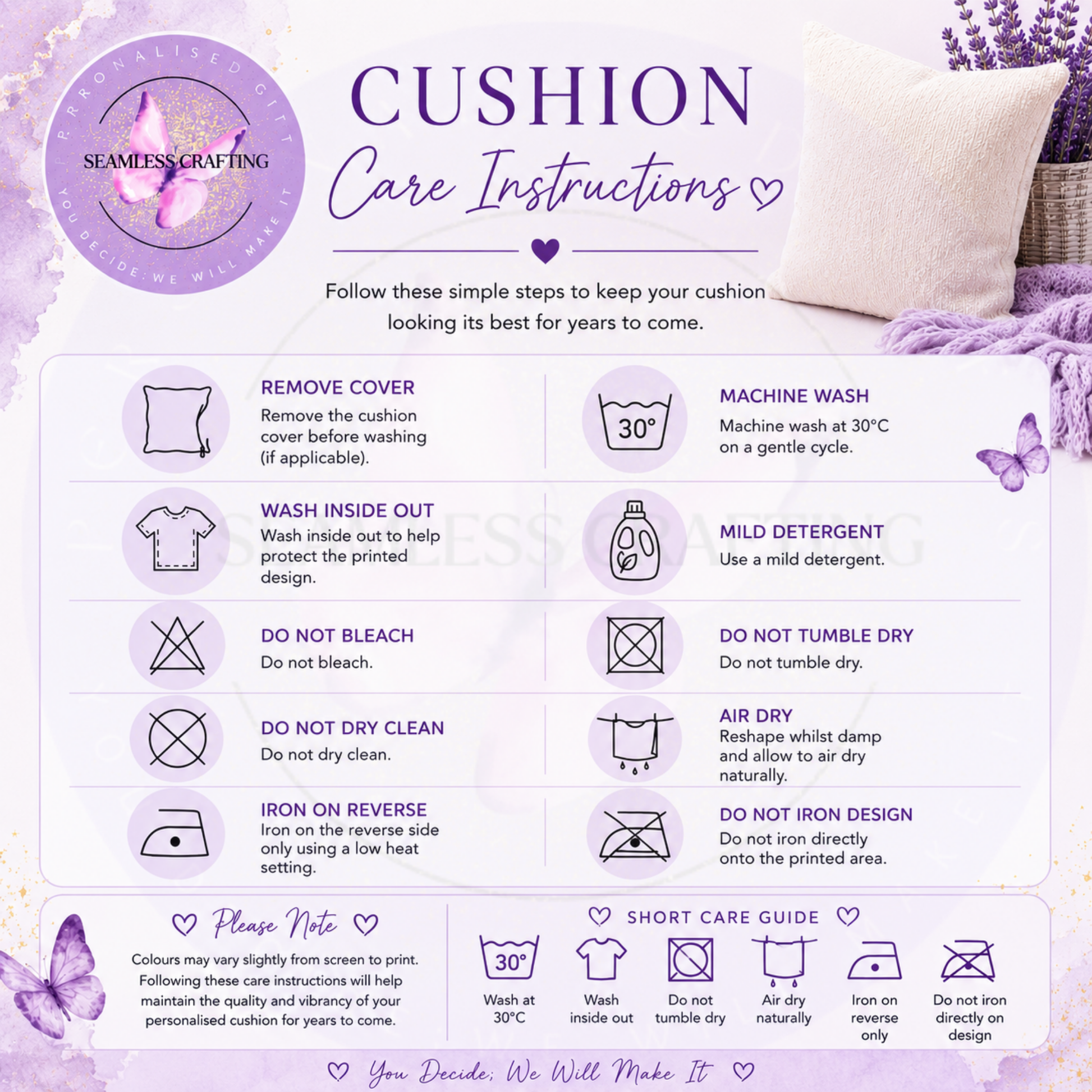 Cushion care instructions: wash at 30°C inside out, air dry and do not tumble dry or iron printed design